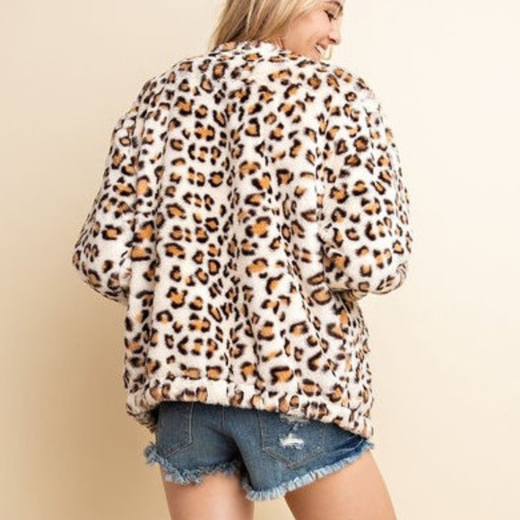 Ivory Brown Leopard Faux Fur Bomber Jacket Coat - Picture 5 of 7